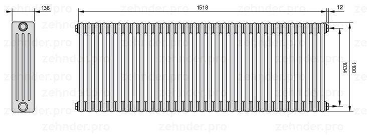 Схема (чертеж) Радиатор Zehnder Charleston 4110/33 №7610 Белый глянцевый RAL 9016